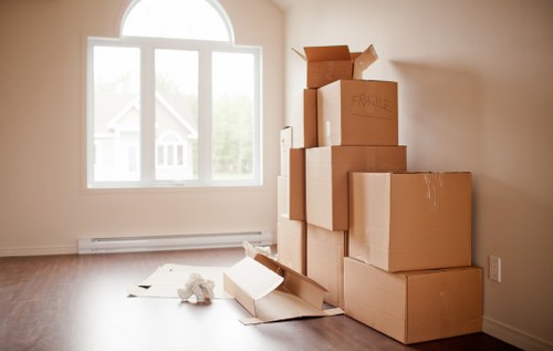 Packed office equipment ready for transport during a Kentish Town business move